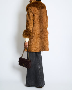 Christian Dior Vintage Caramel Brown Astrakhan Fur Coat with Fox Fur Trim Size FR 38 (UK 10)