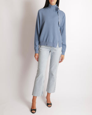 Fendi Blue Wool Long Sleeved Jumper with Logo Ribbon Detail Size IT 40 (UK 10)