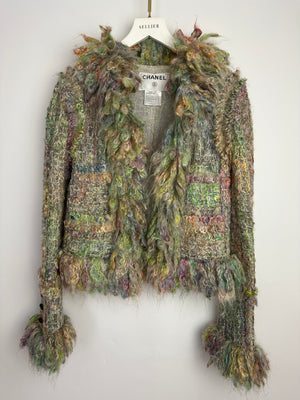 Chanel Green 03/A Knitted Jacket with Purple Stone Button Details Size FR 38 (UK 10)
