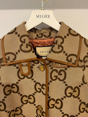 Gucci Beige GG Monogram Coat with GG Logo Buttons and Leather Trim Detail Size IT 40 (UK 8) RRP £2,900