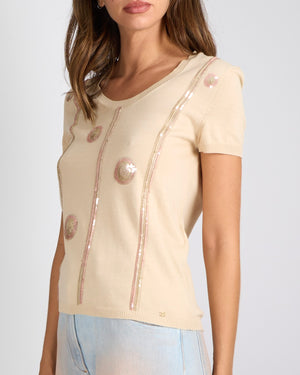 Chanel Spring 2006 Beige and Pink Short-Sleeve Top with Sequin Embellishments Size FR 40 (UK 12)