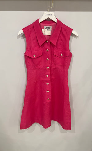 Chanel 95P Vintage Barbie Pink Linen Mini Dress and Cropped Jacket Set with Gold CC Logo Buttons Size FR 38 (UK 10)