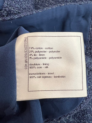 Chanel Cruise 2019 Blue Tweed Cropped Jacket and Trousers Set with CC Logo Buttons and Black Leather Trims Size FR 36/38 (UK 8/10)