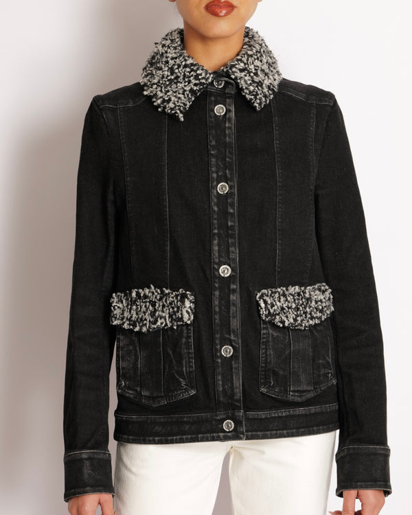 Chanel Black Denim Jacket with Black and White Shearling Pocket and Collar Details with Crystal Embellished CC Logo Buttons Size FR 38 (UK 10)