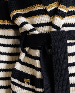 Valentino Navy and Cream Striped Wool Knitted Belted Cardigan with Shimmery Gold Details and Back Logo with Gold Buttons Size S (UK 8) RRP £2,450