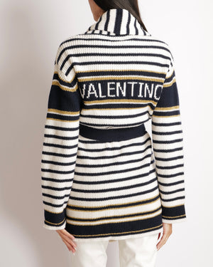 Valentino Navy and Cream Striped Wool Knitted Belted Cardigan with Shimmery Gold Details and Back Logo with Gold Buttons Size S (UK 8) RRP £2,450