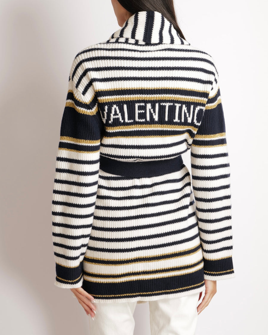 Valentino Navy and Cream Striped Wool Knitted Belted Cardigan with Shimmery Gold Details and Back Logo with Gold Buttons Size S (UK 8) RRP £2,450