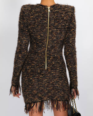 Balmain Brown Tweed Long-Sleeved Mini Dress with Metallic Details and Fringed Trims Size FR 38 (UK 10)