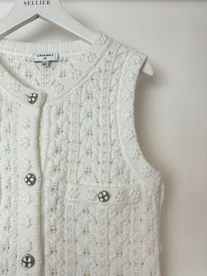Chanel 24P White Knit Button Down Mini Dress with Pocket and CC Buttons Size FR 34 (UK 6)