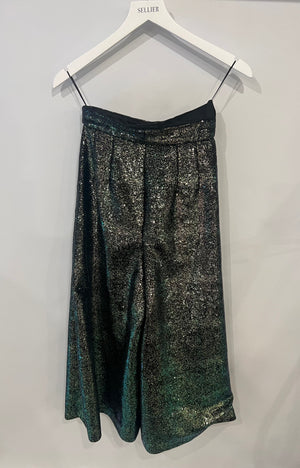 Chanel Black Sequins and Green Iridescent Wide Leg Trousers with CC Logo Detail Size FR 34 (UK 6)