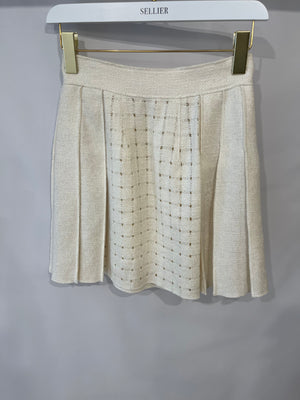 Ermanno Scervino Cream Linen Perforated Mini Pleated Skirt Size IT 38 ( UK 6)