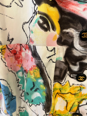 Chanel Spring 1995 White Floral Printed Sleeveless Button-Down Mini Dress with CC Logo Buttons and Collared Neckline Detail Size FR 38 (UK 10)