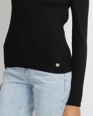 Chanel Black Wool Ribbed High-Neck Jumper with CC Logo Embroidery and Champagne Gold CC Logo Button Detail Size FR 40 (UK 12)