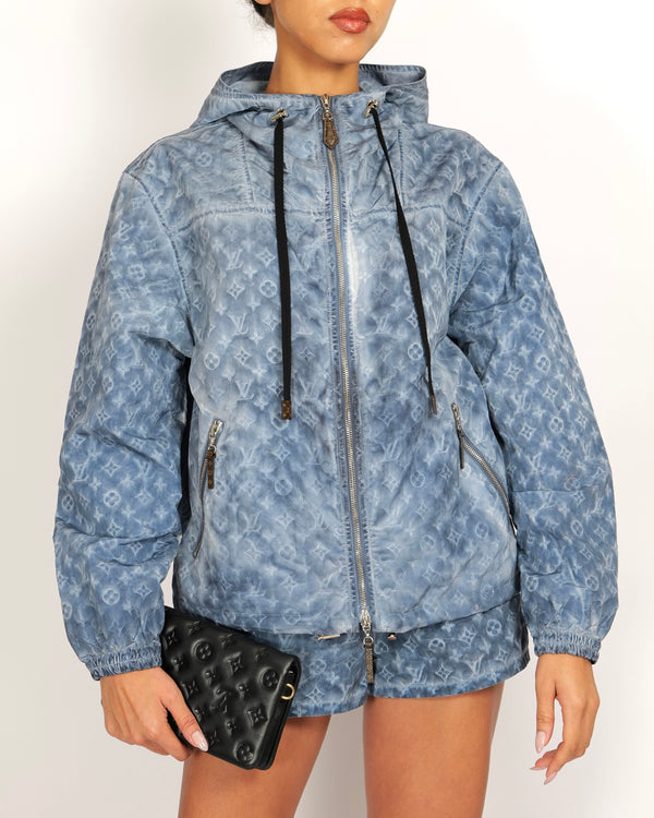Louis Vuitton Blue Monogram Hooded Windbreaker Jacket with Canvas Brown Monogram Details Size FR 38 (UK 10)