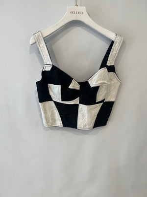 Dolce & Gabbana Black and White Checkered Corset Cropped Top with Floral Embroideries Size IT 42/44 (UK 12/14)