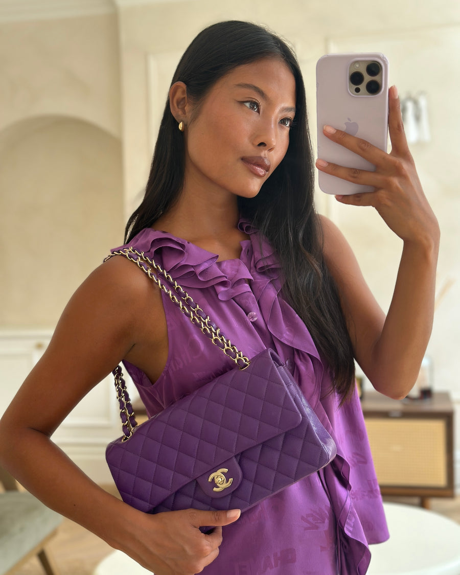 *HOT COLOUR* Chanel Purple Medium Classic Double Flap Bag in Caviar Leather with Champagne Gold Hardware