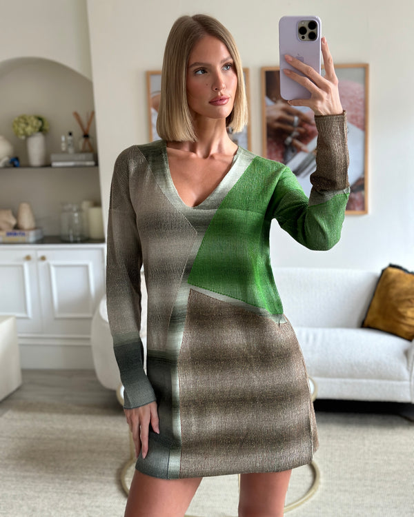 Missoni Grey and Green Metallic Knitted Long-Sleeve Dress Size IT 40 (UK 8)
