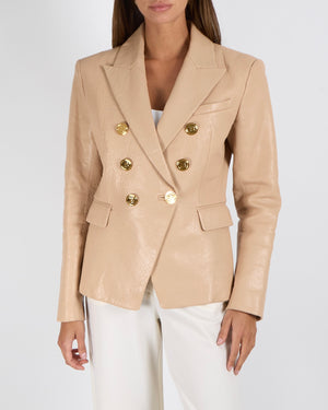 Balmain Beige Lambskin Leather Blazer Jacket with Polished Gold Logo Buttons Size FR 40 (UK 12)