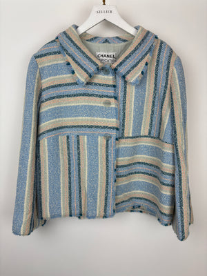 Chanel 00/C Blue and Green Striped Tweed Jacket with Transparent Blue CC Logo Button Details Size FR 46 (UK 18)