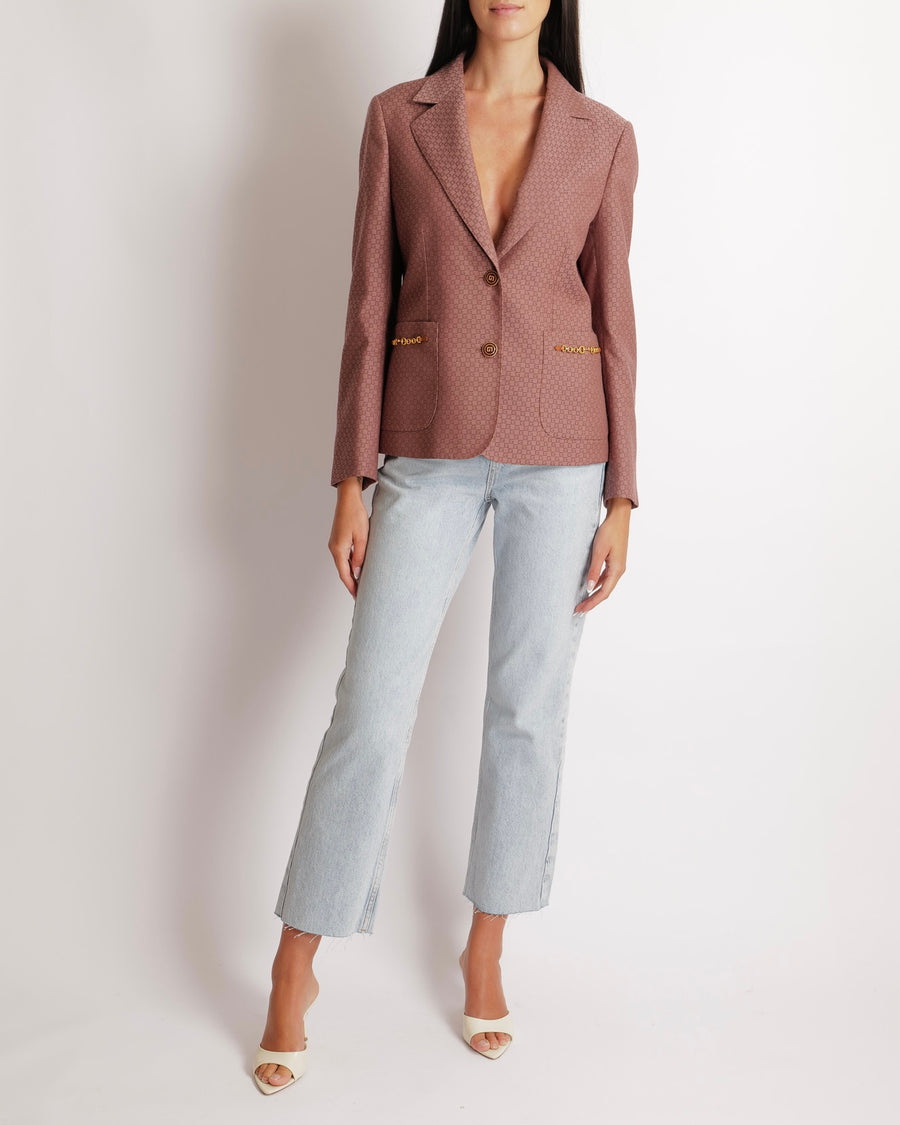 Gucci Pink GG Logo Printed Jacket with Gold Logo Buttons and Chain Details Size IT 44 (UK 12) RRP £2,400