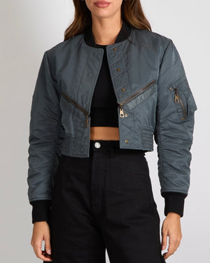 Louis Vuitton Grey Cropped Bomber Jacket with Black Cuffs and Logo Zipper Detail Size FR 36 (UK 8)