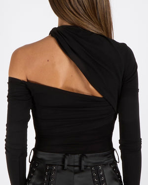 Nensi Dojaka Black Mesh Asymmetric Bodysuit with Sheer Side Details Size M (UK 10)