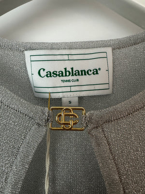 Casablanca Silver Metallic Sheer Long Sleeve Maxi Dress with Split and Gold Logo Detail Size S (UK 8)RRP 675£