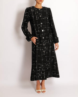 Chanel Black and Silver Metallic Wool Tweed Long Coat with Silver and Clear CC Logo Buttons Size FR 38 (UK 10)