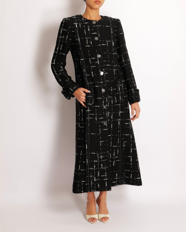 Chanel Black and Silver Metallic Wool Tweed Long Coat with Silver and Clear CC Logo Buttons Size FR 38 (UK 10)