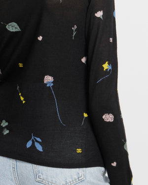 Chanel 18B  Black Cashmere High-Neck Jumper with Multi-Colour Floral and CC Logo Embroideries with Black and Silver CC Logo Button Detail Size FR 34 (UK 6)