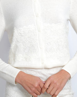 Ermanno Scervino White Wool and Lace Cardigan and Skirt Set with Sequin Embellishments Size IT 38 (UK 6)