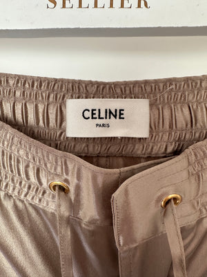 Celine Beige Silk Track Pants with Triomphe Logo and Stripe Detail Size FR 34 (UK 6)