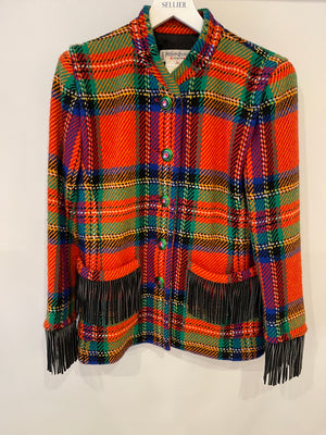 Saint Laurent 80's Vintage Multicolour Tartan Wool Jacket with Black Fringe and Button Details Size FR 34 (UK 6)