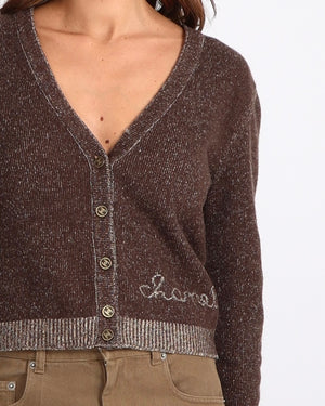 Chanel Fall 2001 Vintage Brown Cashmere Cardigan with Logo and Gold CC Logo Buttons Size FR 38 (UK 10)