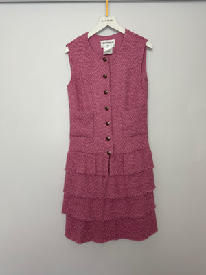 Chanel Pink Lesage Tweed Midi Dress with CC Logo Buttons & Ruffle Hem Details Size FR 36 (UK 8)