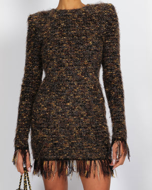 Balmain Brown Tweed Long-Sleeved Mini Dress with Metallic Details and Fringed Trims Size FR 38 (UK 10)