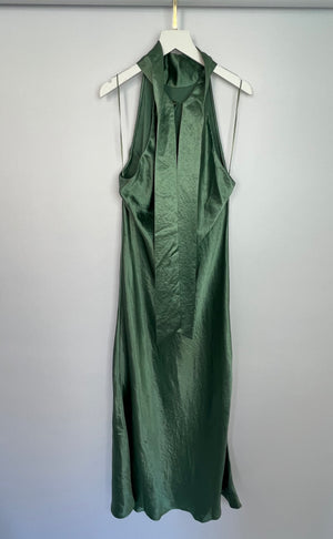 Galvan Green Silk Halter Neck Maxi Dress with Neck Tie Detail Size FR 44 (UK 16)