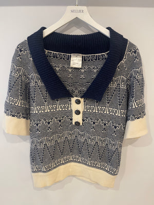 Chanel Navy Blue and White Cashmere Top and Trousers Set with CC Logo Buttons Size FR 36/38 (UK 8/10)