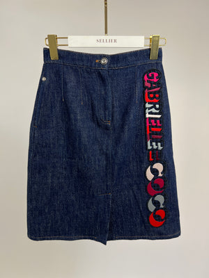 Chanel Dark Indigo Denim Midi Skirt Multi-Colour Gabrielle Coco Print Size FR 34 (UK 6)