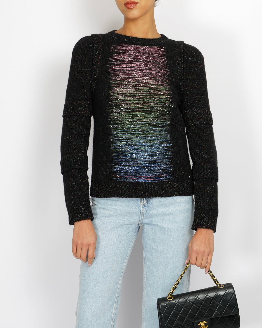 Chanel Fall 2017 Black and Multi-Colour Wool Knit Jumper with Metallic and Sequin Embellished Embroidery with Silver CC Logo Button Detail Size FR 36 (UK 8)