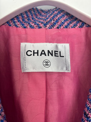 Chanel Pink and Navy Tweed Long Coat with Crystal CC Buttons Size FR 36 (UK 8)