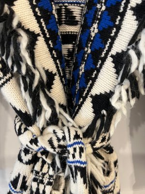 Polo Ralph Lauren White, Blue, and Black Wool-Blend Belted Cardigan with Fringe Trim Detail Size M (UK 10) RRP £795