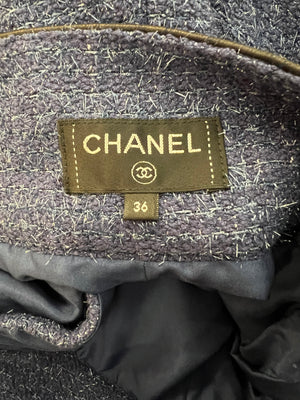 Chanel Cruise 2019 Blue Tweed Cropped Jacket and Trousers Set with CC Logo Buttons and Black Leather Trims Size FR 36/38 (UK 8/10)