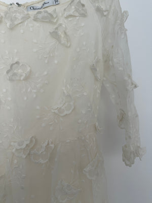 Christian Dior White Long Sleeve Maxi Dress with Floral Appliqué Detail Size FR 36 (UK 8)