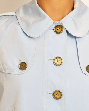 Burberry Light Blue Cropped Jacket with Gold Logo Buttons Detail Size UK 8
