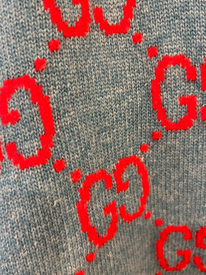 Gucci Blue and Red Wool GG Monogram Cardigan with Mother of Pearl Buttons Size L (UK 12/14) RRP £1,300