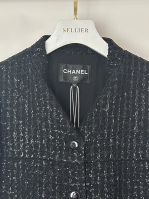 Chanel 25C Black Sequin Single-Breasted Collarless Tweed Jacket with CC Button Detail Size FR 42 (UK 14)