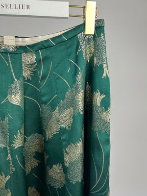 Rochas Emerald Green Silk Midi Skirt with Gold Floral Detail Size IT 42 (UK 10)