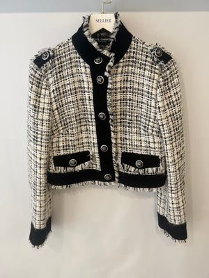 Dolce & Gabbana Black and White Tweed Jacket with Fringe Trim and Silver Crown Buttons Size IT 42 (UK 10)