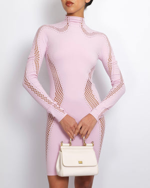 Mugler Light Pink Long Sleeved Mini Dress with Perforated Details Size US 2 (UK 6) RRP £500